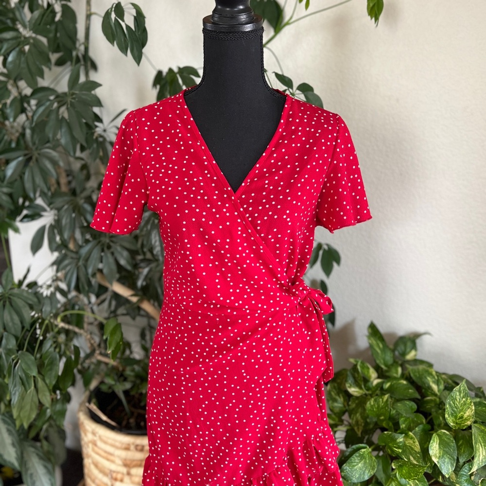 Red and White Ruffled Wrap Midi Dress